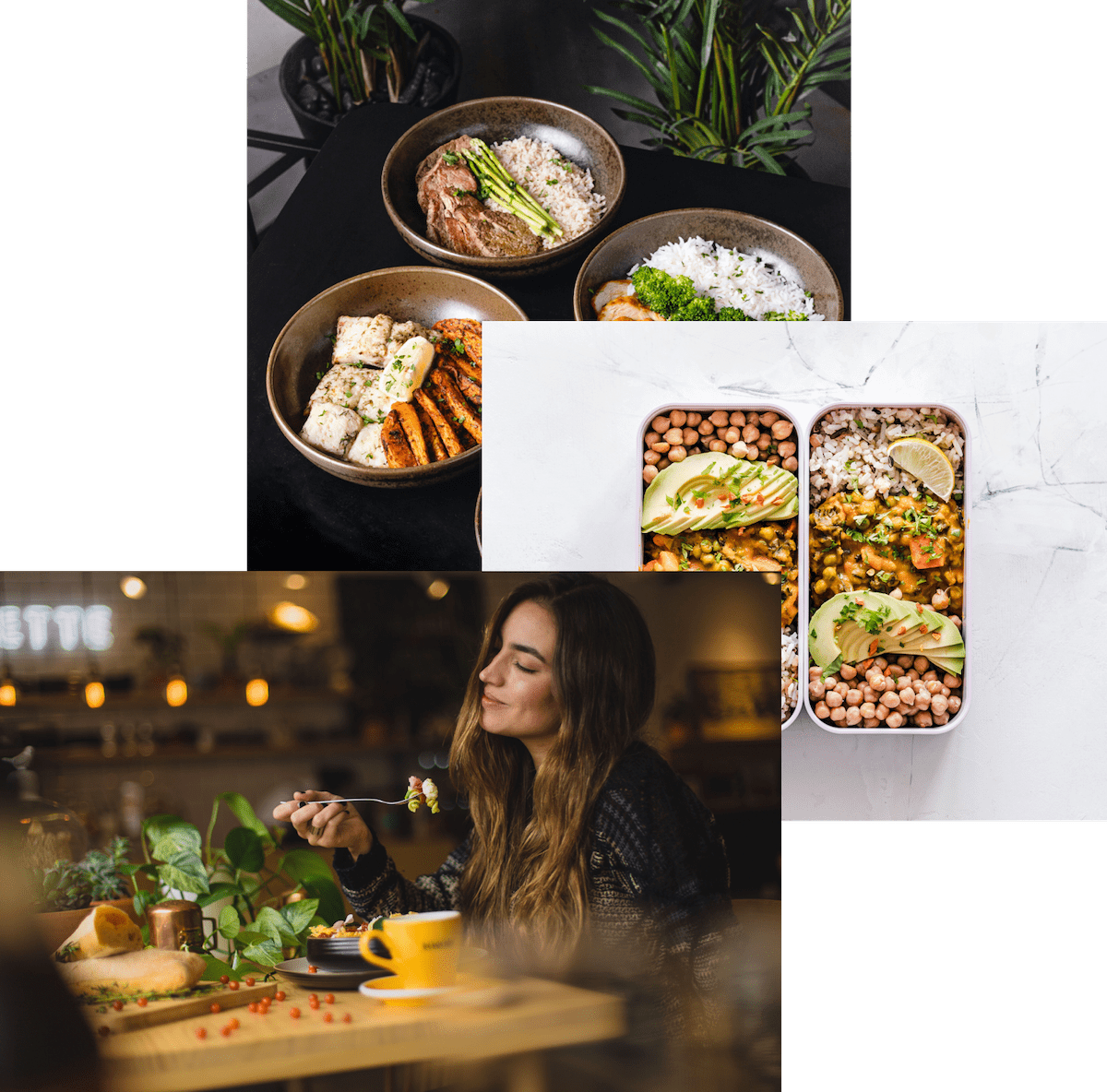 Woman ejoying food, meals in storage container, and food bowls on a table